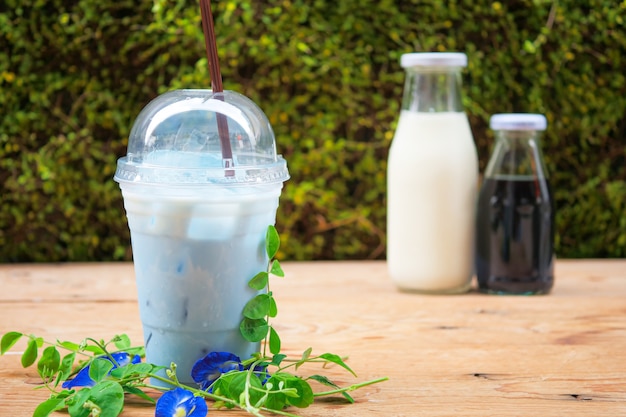 Iced Blue Erbsenmilch oder Iced Butterfly Pea Latte mit Milch