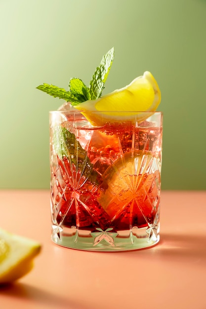 Iced Fruit Tea oder kaltes Beerengetränk im Glas mit frischen Minzblättern Erfrischendes Sommergetränk Bunter rosa und grüner Hintergrund