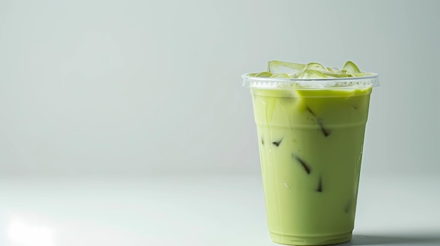 Iced matcha green tea latte em copo de plástico em fundo branco Ilustrações de IA gerativa