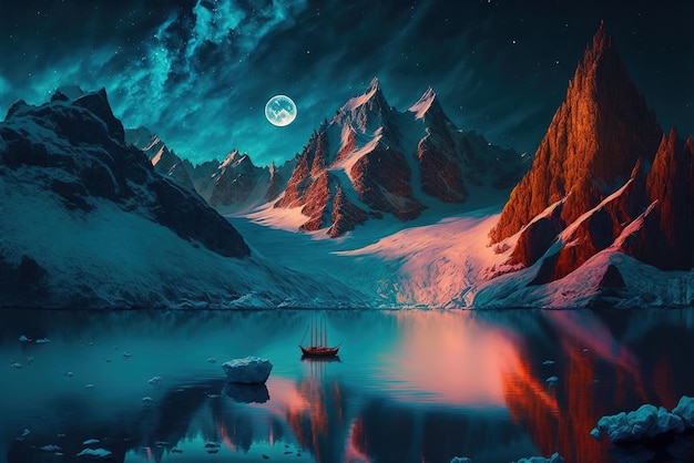 Icelake en una noche colorida de fantasía cubierta de nieve