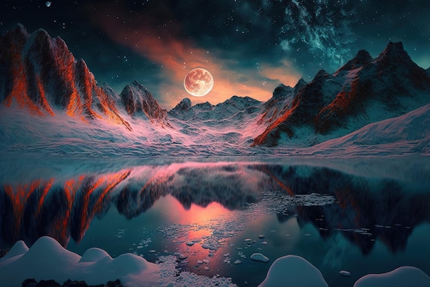 Icelake en una noche colorida de fantasía cubierta de nieve