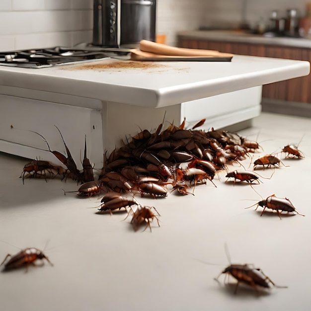 Ich brauche ein visuelles Foto eines Kakerlakenbefalls in einer Küche, die von einer KI generiert wurde.