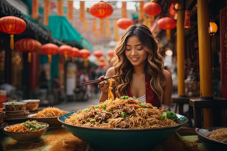 Foto ich genieße die delikatessen von chow mein