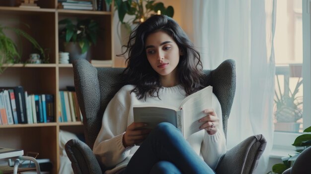 Ich genieße faule Morgen zu Hause. Jahrtausendjährige indische Frau liest ein Buch drinnen in einem gemütlichen Sessel. Schöne junge Frau entspannt sich am Wochenende zu Hause und liest eine aufregende Geschichte.