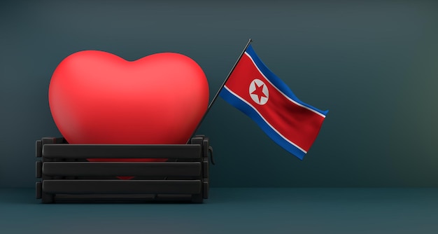 Ich liebe Nordkorea-Flagge Nordkorea mit Herzkopienraum 3D-Arbeit und 3D-Bild