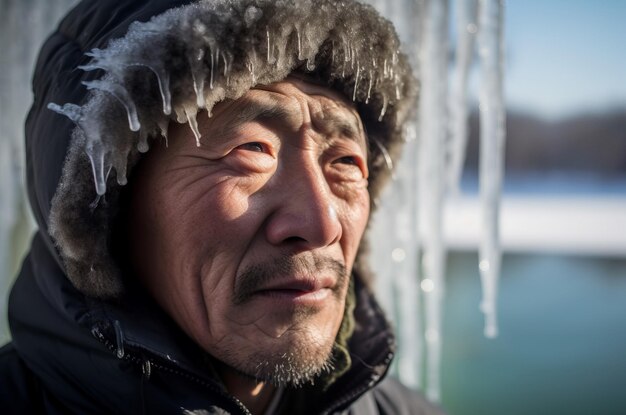 Foto icicles chinesischer mann gesicht morgenzeit meer porträt saison gesundheit allein generieren ai