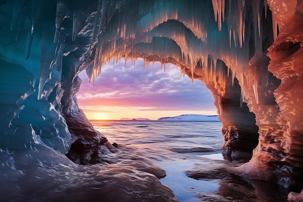 Icicles em uma caverna no lago ao pôr-do-sol