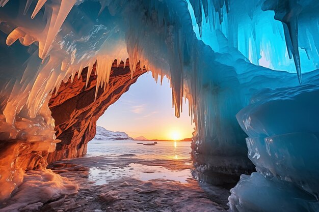 Foto icicles em uma caverna no lago ao pôr-do-sol