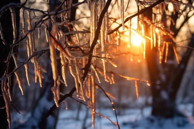 Icicles hängen am Morgenlicht an einem Baumzweig, die mit generativer Ai erzeugt wurden