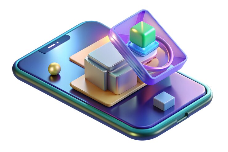 Foto icon 3d arte digital abstracto con aplicación ar holográfica en un teléfono móvil en un concepto de oficina en casa como c