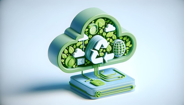 Icon 3d como Eco Friendly Cloud Vira verde com serviços de nuvem que priorizam operações ecológicas