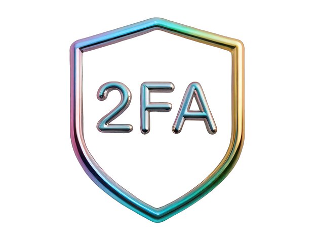 Icon 3D holográfico de cromo con el contorno de un escudo la inscripción concepto de autenticación de dos factores 2FA