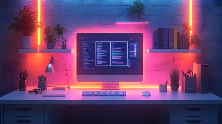 Foto icon 3d home office con calendario holográfico abstracto y cámara de configuración de escritorio vibrante zoom en el modo