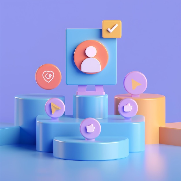 Icon 3D de los iconos de las redes sociales en un podio