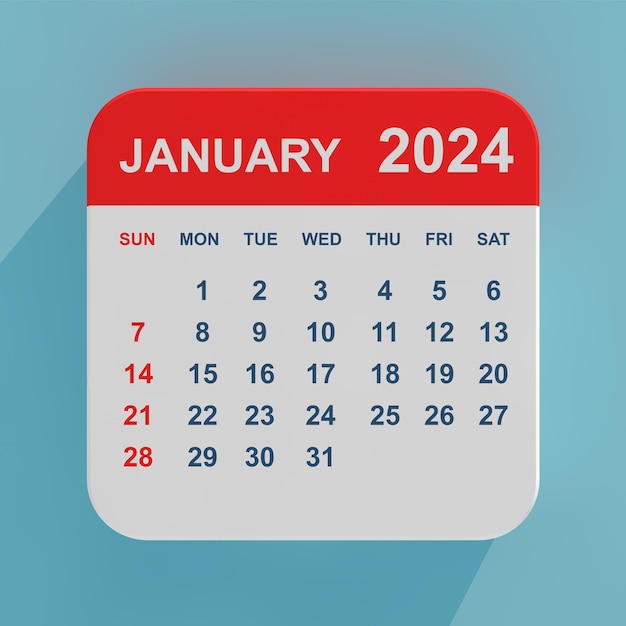 Icon Calendário plano janeiro de 2024 em um fundo azul Renderização 3D