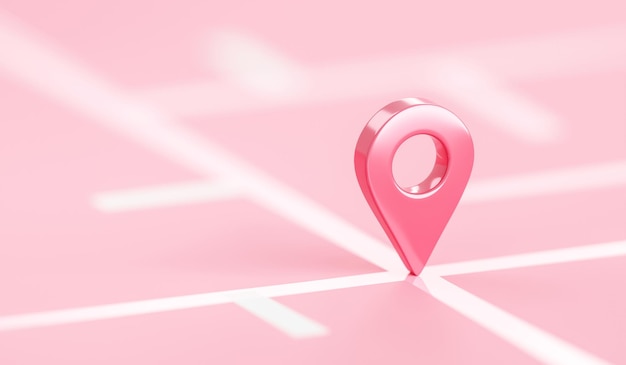 Ícone 3d de localização rosa no fundo de navegação do mapa de posição com símbolo de ponto de pino de direção pastel ou sinal de rota de marcador de ponteiro de destino gps e descoberta encontrar destino de entrega de endereço de estrada