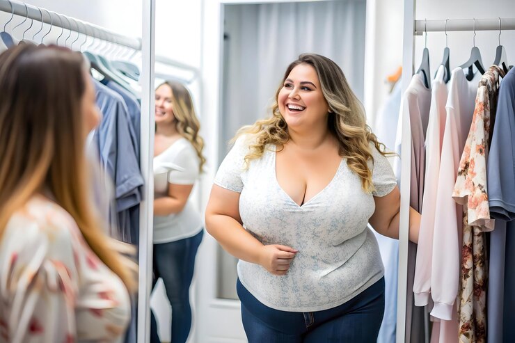 Foto ícone 3d de modelo plus size experimentando roupas para campanhas de varejo de moda e positividade corporal