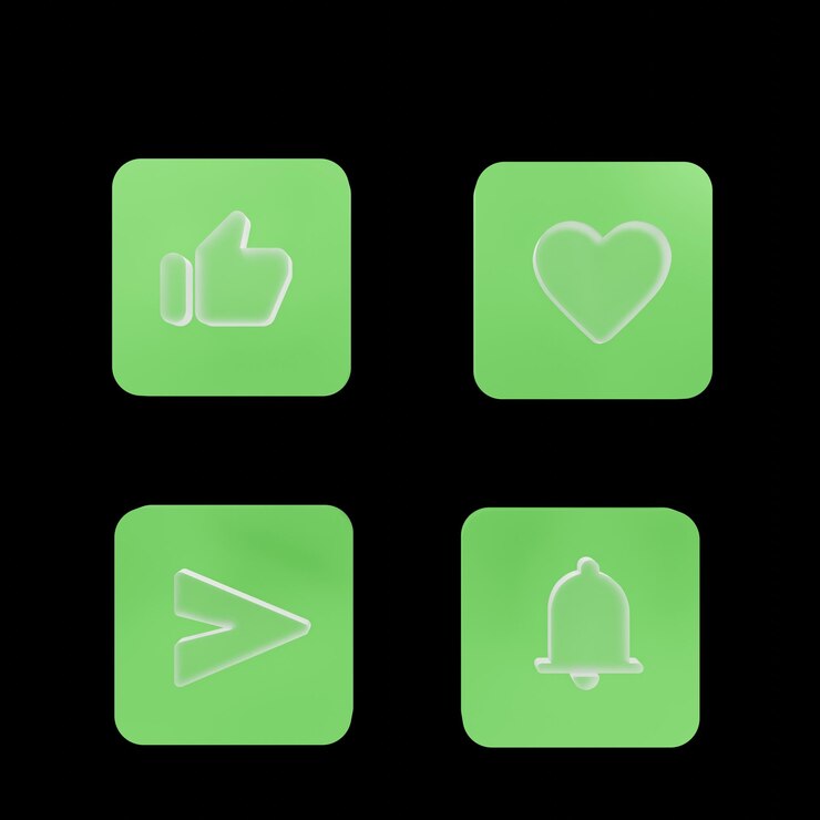 Foto ícone 3d definido como notificação de amor e enviar cor de vidro com renderização de ilustração verde cubo