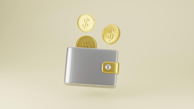 Foto Ícone 3d em fundo de cor sólida, ilustração de renderização 3d. carteira de prata 3d com moedas de ouro.