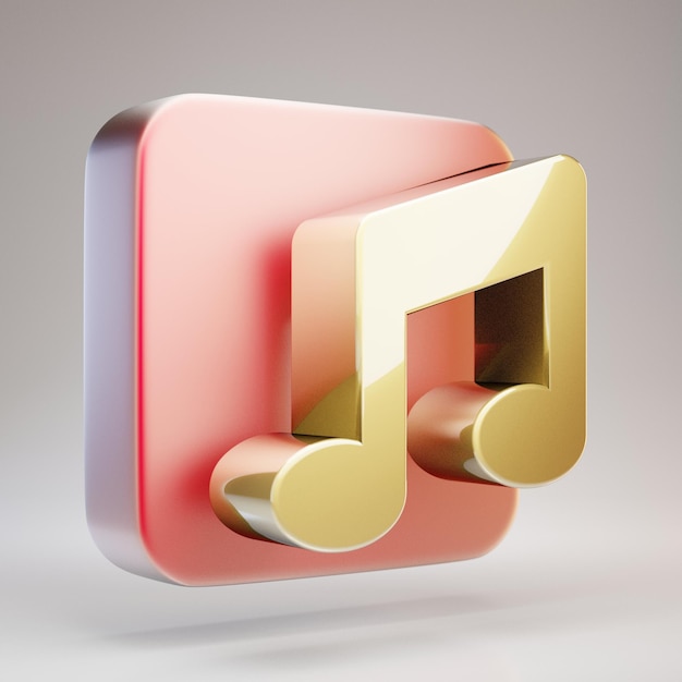 Ícone da música. Símbolo dourado da música na placa de ouro vermelho fosco. Ícone de mídia social renderizado 3D.