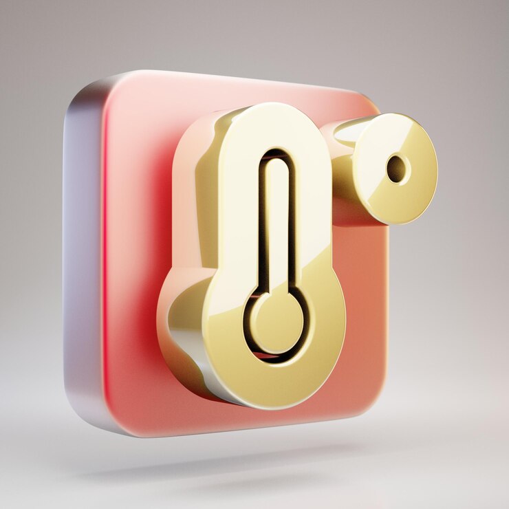 Foto ícone de alta temperatura. símbolo dourado de alta temperatura na placa de ouro vermelho fosco. ícone de mídia social renderizado 3d.