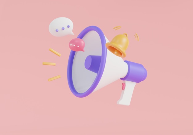 Ícone de alto-falante megafone com notificação e bolha de fala ícone de alto-falante lembrar alto-falante de ruído falar anúncio de notícias conceito de tempo de marketing 3d render ilustração estilo mínimo dos desenhos animados