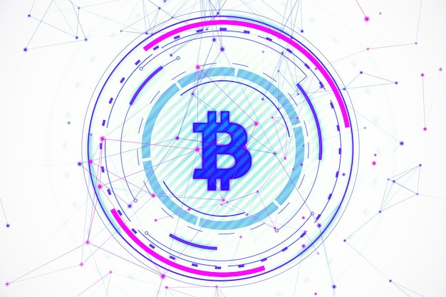 Ícone de Bitcoin abstrato em holograma digital de fundo Renderização 3D