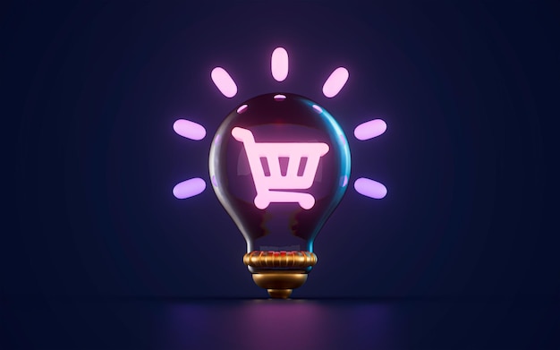 ícone de carrinho de compras on-line brilhando dentro da lâmpada no conceito de renderização 3d de fundo escuro