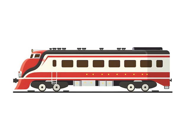 Ícone de clipart plano 2D simplista de um trem de passageiros dos anos 50 em vermelho
