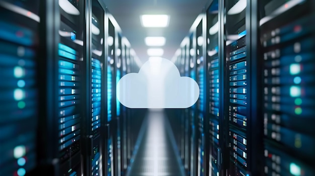 ícone de computação em nuvem futurista moderno iluminado no centro corredor fileiras racks de servidores centro de dados