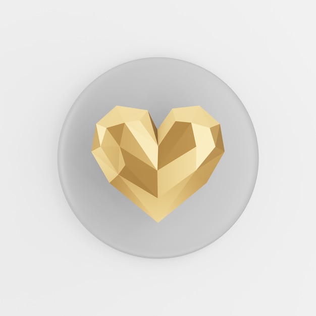 Ícone de coração ouro baixo poli. botão chave redondo cinza de renderização 3d, elemento interface ui ux.
