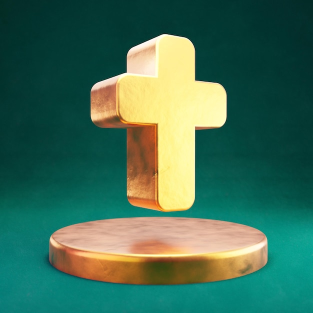 Foto Ícone de cruz. símbolo da fortuna gold cross no pódio dourado.