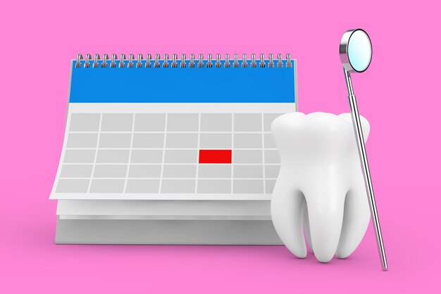 Ícone de dente do conceito de saúde dental com espelho de inspeção dental para dentes e calendário de lembrete para visitar o dentista em um fundo rosa renderização em 3d