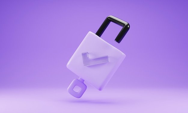 ícone de desbloqueio de renderização 3d isolado na ilustração 3d de fundo roxo