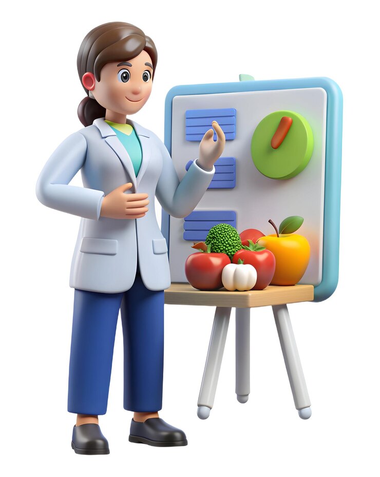 Foto ícone de dietista 3d consultando clientes com planos de refeições brilhantes sobre o conceito do dia mundial da alimentação
