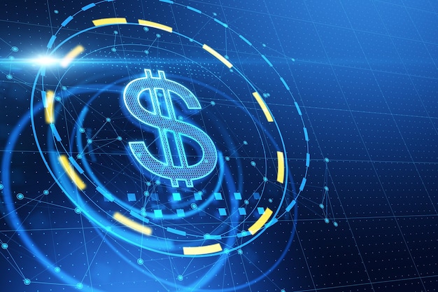 Foto Ícone de dólar brilhante no fundo azul mobile banking e conceito de mercado 3d rendering