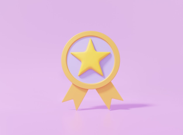Ícone de garantia de qualidade 3D com estrela no fundo roxo Melhor conceito de vencedor premium Cartoon ilustração de renderização 3d suave e fofa mínima