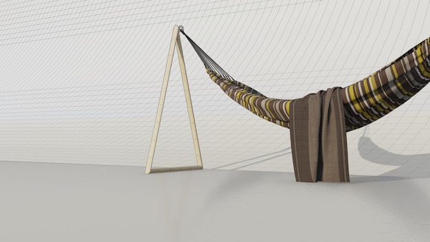 Foto Ícone de hamaca 3d com pano estriado com padrão e postes triangulares em ambos os lados isolados em fundo de plano 3d de renderização