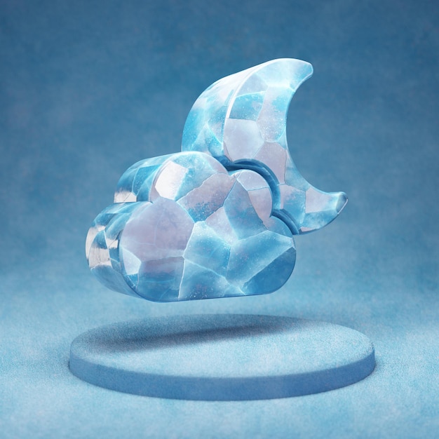 Ícone de lua em nuvem. Símbolo de lua de nuvem de gelo azul rachado no pódio de neve azul. Ícone de mídia social para site, apresentação, elemento de modelo de design. Renderização 3D.