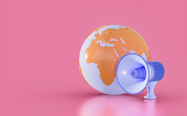 ícone de mapa de megafone e globo no conceito de renderização 3d de fundo rosa para anúncio global