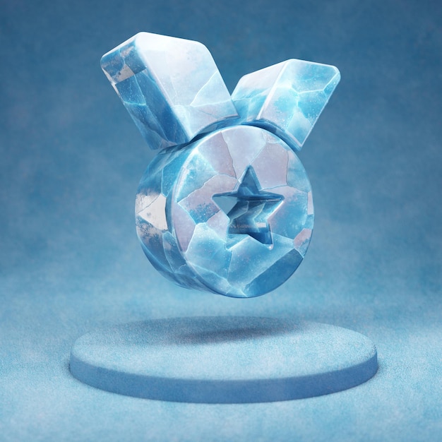 Ícone de medalha. Símbolo de medalha de gelo azul rachado no pódio de neve azul. Ícone de mídia social para site, apresentação, elemento de modelo de design. Renderização 3D.