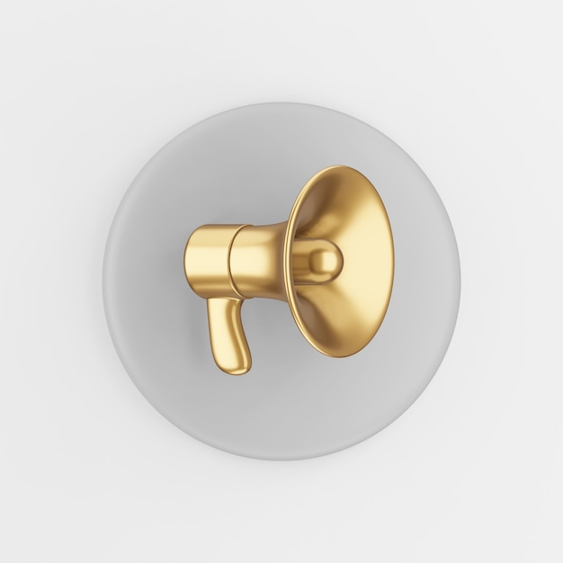 Foto Ícone de megafone dourado em estilo cartoon. chave de botão redondo cinza de renderização 3d, elemento interface ui ux.
