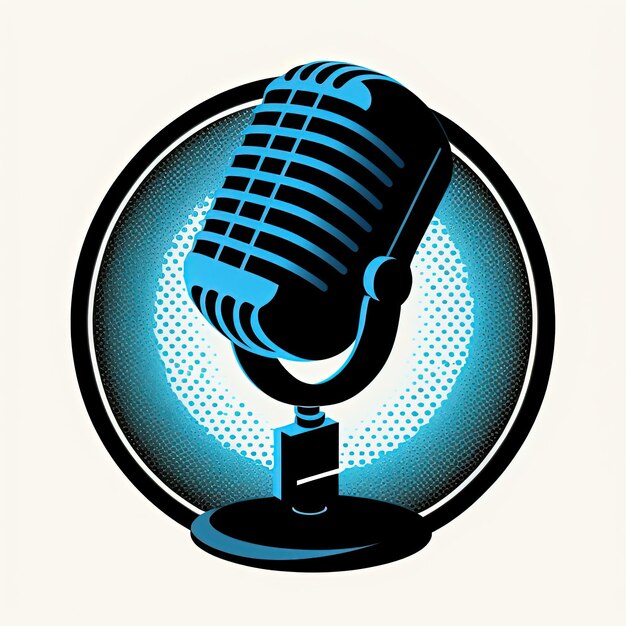 Foto Ícone de microfone preto no círculo azul, logotipo do podcast, fundo branco. ia generativa