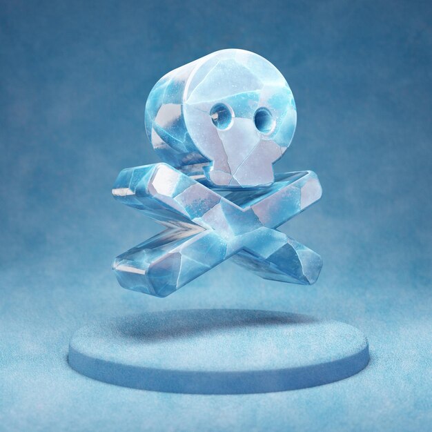 Ícone de ossos cruzados do crânio. Símbolo de Crossbones de crânio de gelo azul rachado no pódio de neve azul. Ícone de mídia social para site, apresentação, elemento de modelo de design. Renderização 3D.