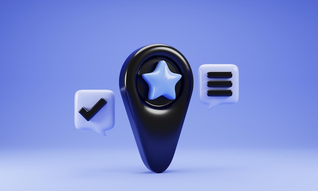 Ícone de pino de localização com estrela azul isolada em ilustração de renderização 3d de fundo azul