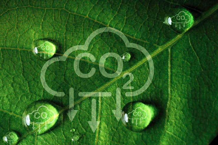 Foto ícone de redução de co2 na folha verde com gota de água para diminuir a pegada de carbono de co2 e crédito de carbono para limitar o aquecimento global devido às mudanças climáticas conceito de economia verde biocircular