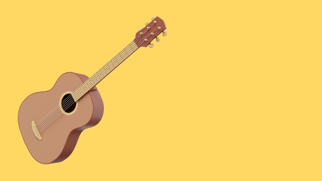 Ícone de renderização 3D de guitarra acústica realista no espaço de fundo amarelo para texto