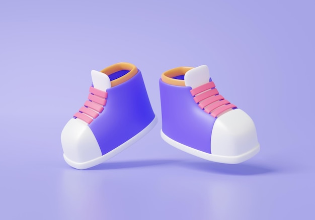 Ícone de sapatos 3d estilo de desenho animado colorido isolado flutuando em fundo pastel roxo elemento mínimo de tênis suave bonito ilustração de renderização em 3d