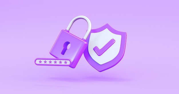 ícone de segurança online roxo em fundo roxo renderização 3D