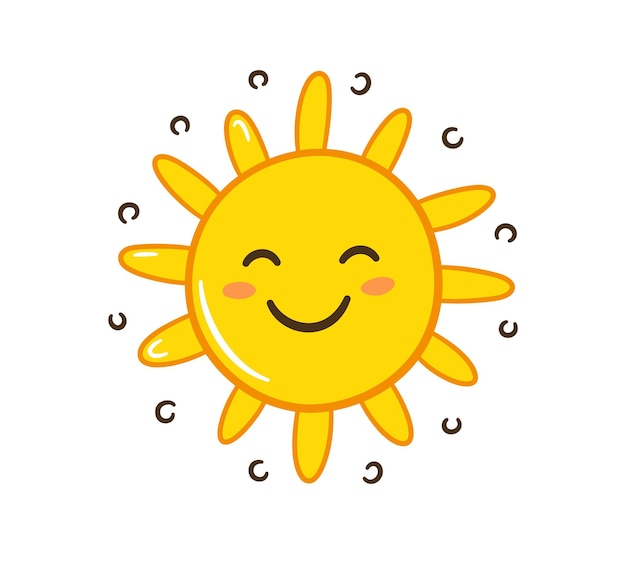 Ícone de sol desenhado à mão Sol amarelo sorrindo com raios Símbolo de desenho infantil Sol desenhado à mão Personagem de estrela Sinal de clima quente Ilustração vetorial isolada em fundo branco